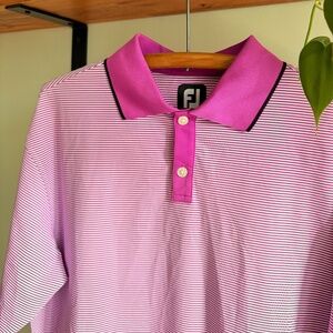 FJ Golf Polo Men's Large Pink White strips lightweight Golf shirt polyester